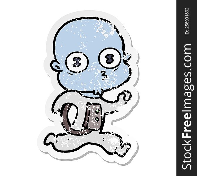 distressed sticker of a cartoon weird bald spaceman running