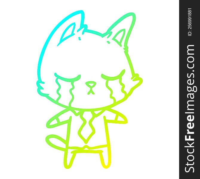 cold gradient line drawing of a crying cartoon office worker cat