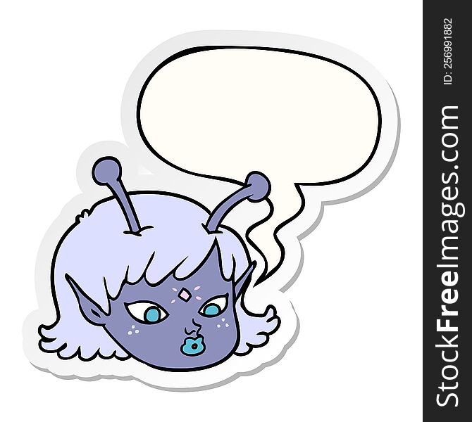 cartoon alien space girl face with speech bubble sticker