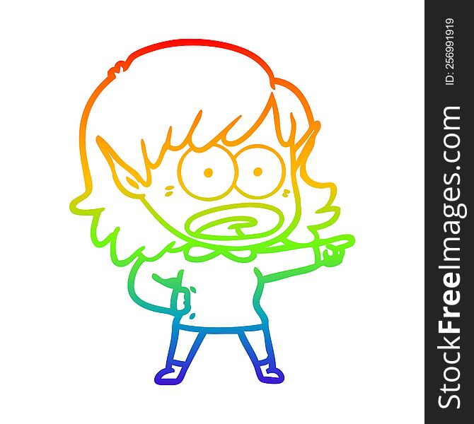 Rainbow Gradient Line Drawing Cartoon Shocked Elf Girl Pointing