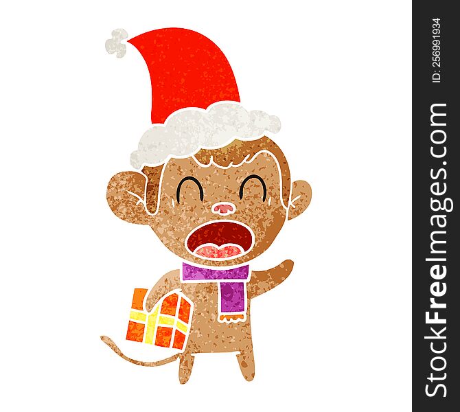 shouting hand drawn retro cartoon of a monkey carrying christmas gift wearing santa hat