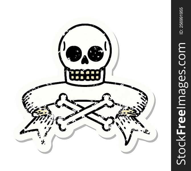 Grunge Sticker With Banner Of A Skull And Bones
