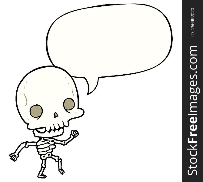 cute cartoon dancing skeleton and speech bubble