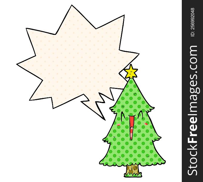 cartoon christmas tree with speech bubble in comic book style
