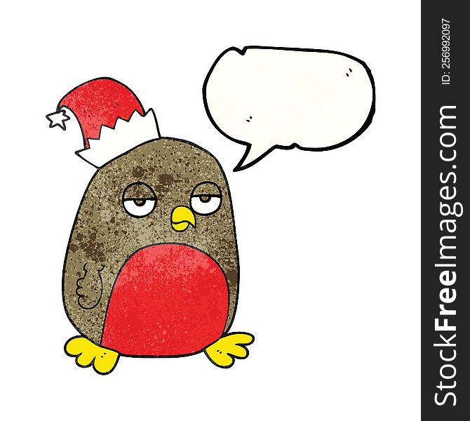 Speech Bubble Textured Cartoon Christmas Robin Wearing Santa Hat