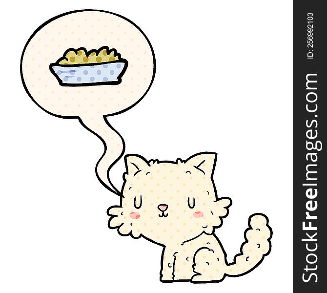Cute Cartoon Cat And Food And Speech Bubble In Comic Book Style