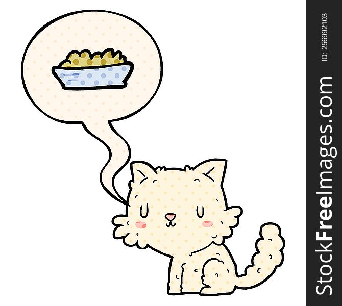 cute cartoon cat and food and speech bubble in comic book style