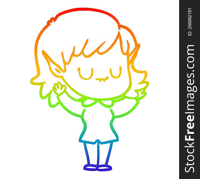Rainbow Gradient Line Drawing Happy Cartoon Elf Girl