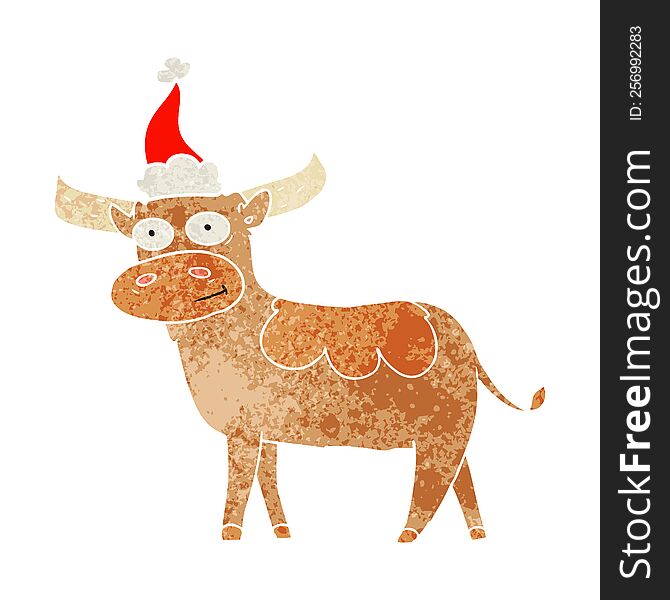 Retro Cartoon Of A Bull Wearing Santa Hat