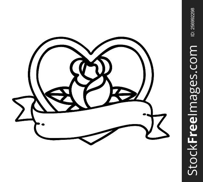 tattoo in black line style of a heart rose and banner. tattoo in black line style of a heart rose and banner