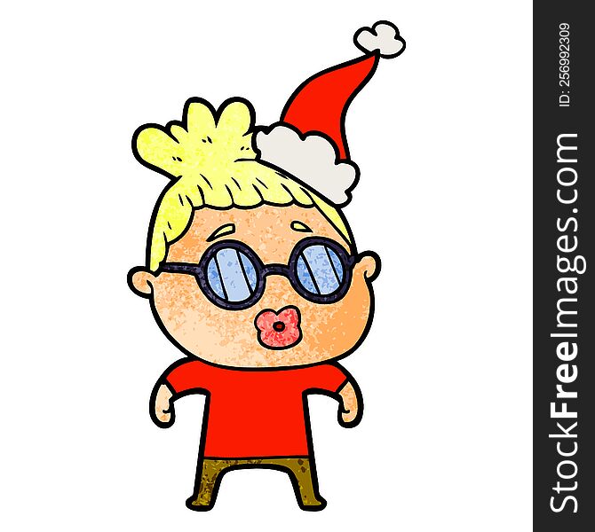 hand drawn textured cartoon of a woman wearing spectacles wearing santa hat