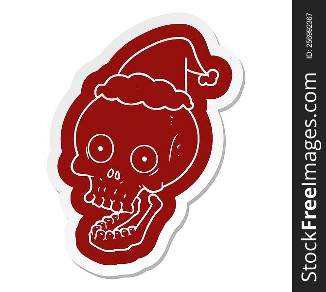Cartoon  Sticker Of A Skull Wearing Santa Hat