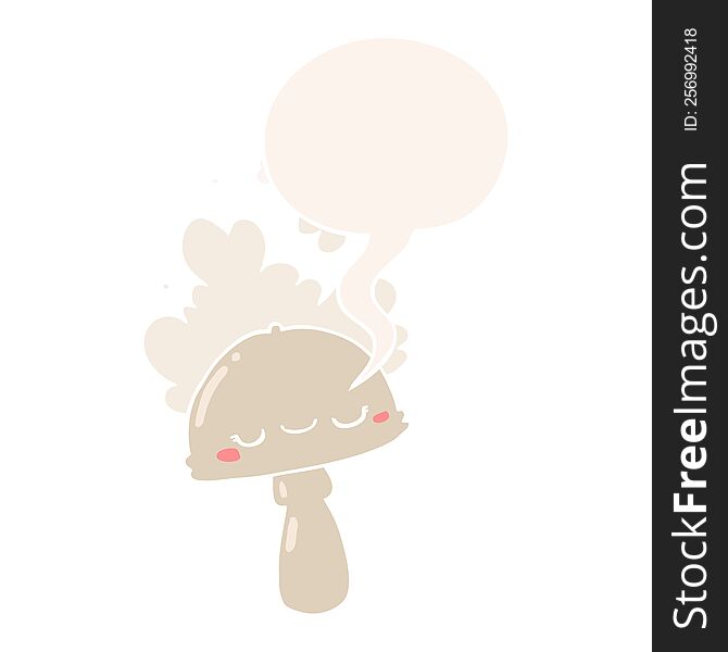 cartoon mushroom with spoor cloud with speech bubble in retro style. cartoon mushroom with spoor cloud with speech bubble in retro style