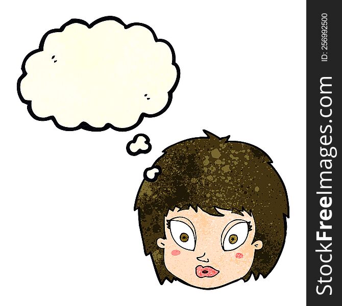 cartoon surprised female face with thought bubble