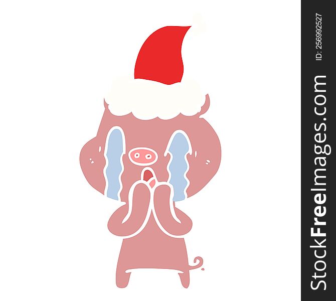 crying pig hand drawn flat color illustration of a wearing santa hat. crying pig hand drawn flat color illustration of a wearing santa hat