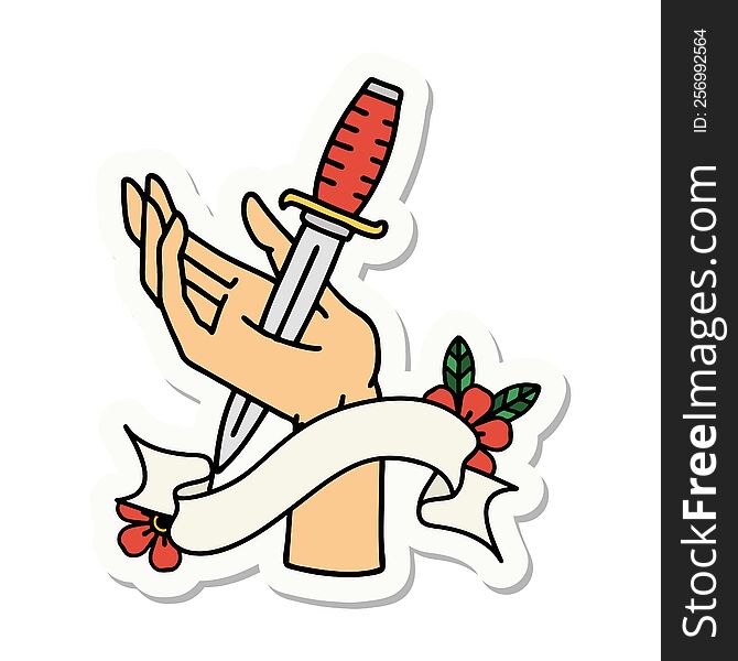 tattoo style sticker with banner of a dagger in the hand