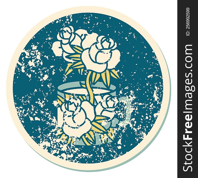 Distressed Sticker Tattoo Style Icon Of A Cup And Flowers