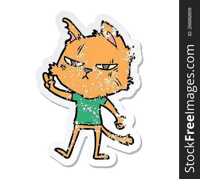 Distressed Sticker Of A Tough Cartoon Cat Giving Victory Sign