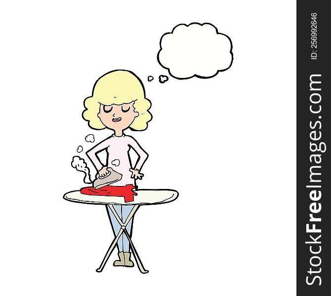 cartoon woman ironing with thought bubble