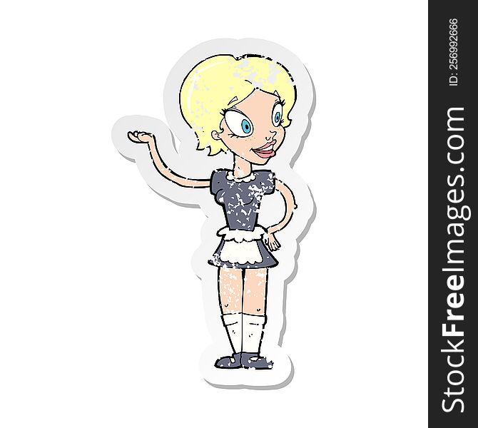 retro distressed sticker of a cartoon woman in maid costume