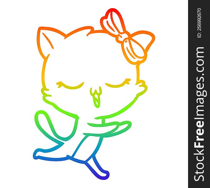 Rainbow Gradient Line Drawing Cartoon Cat With Bow On Head