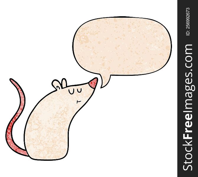 cartoon white mouse with speech bubble in retro texture style