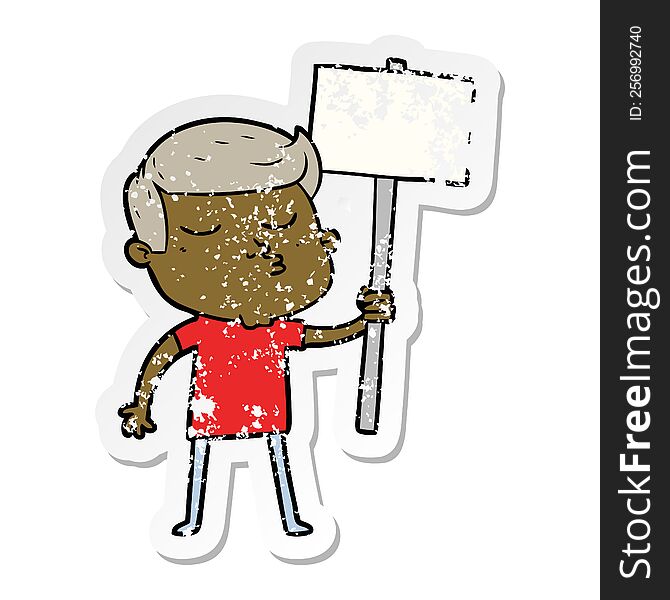 distressed sticker of a cartoon model guy pouting with sign