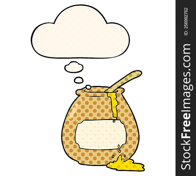 cartoon honey pot with thought bubble in comic book style