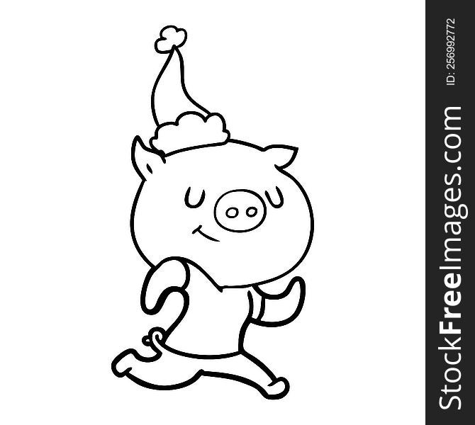 Happy Line Drawing Of A Pig Running Wearing Santa Hat