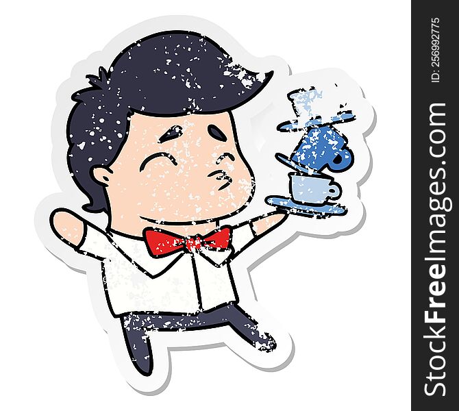 Distressed Sticker Cartoon Of A Kawaii Cute Waiter