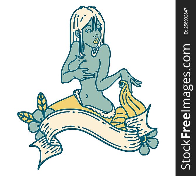 tattoo in traditional style of a pinup mermaid with banner. tattoo in traditional style of a pinup mermaid with banner