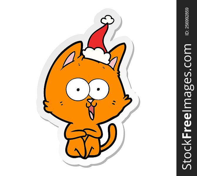 Funny Sticker Cartoon Of A Cat Wearing Santa Hat