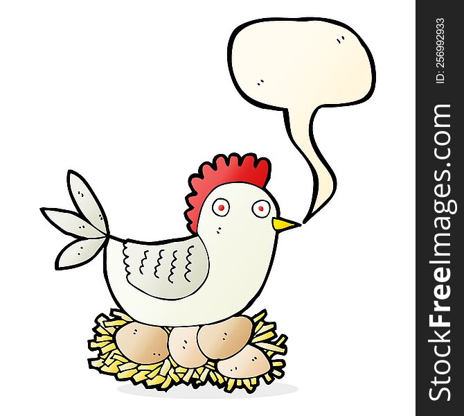 Cartoon Hen On Eggs With Speech Bubble