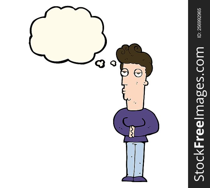 cartoon jaded man with thought bubble