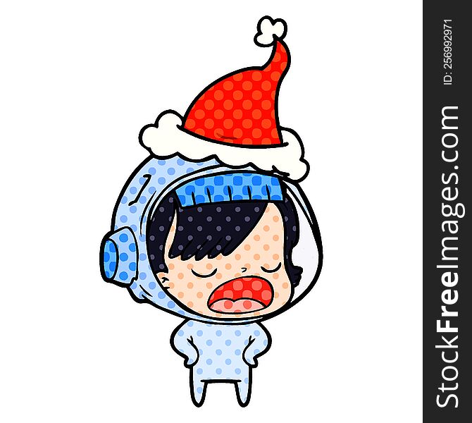 hand drawn comic book style illustration of a astronaut woman explaining wearing santa hat