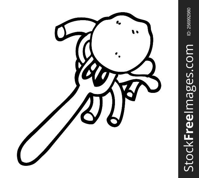 Black And White Cartoon Spaghetti And Meatballs On Fork