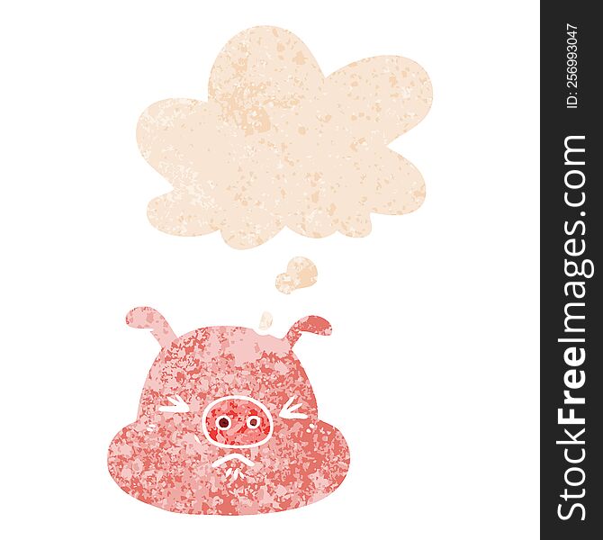 Cartoon Angry Pig Face And Thought Bubble In Retro Textured Style