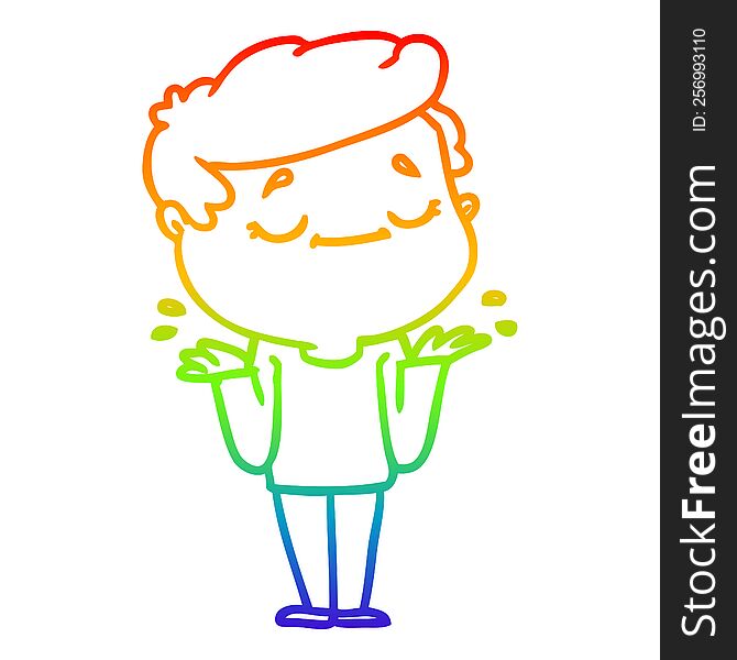 rainbow gradient line drawing of a cartoon peaceful man shrugging