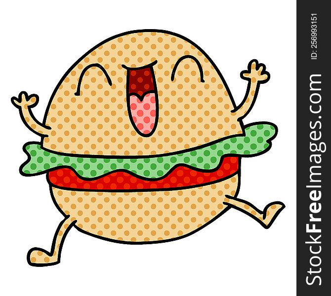 comic book style quirky cartoon happy veggie burger. comic book style quirky cartoon happy veggie burger