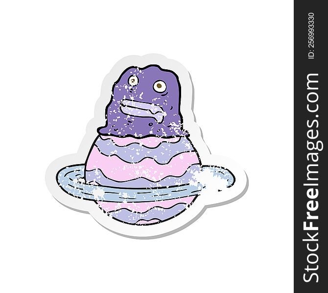 retro distressed sticker of a cartoon alien on planet