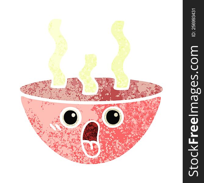 retro illustration style cartoon of a bowl of hot soup