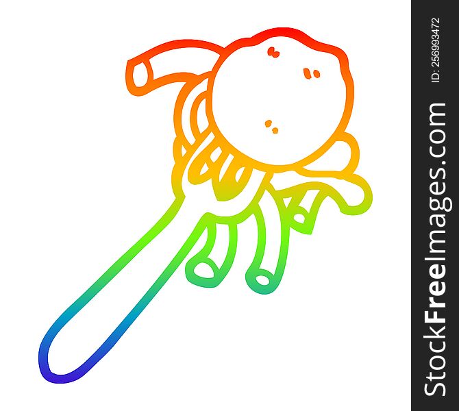 rainbow gradient line drawing of a cartoon spaghetti and meatballs on fork