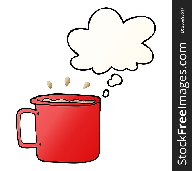 cartoon camping cup of coffee with thought bubble in smooth gradient style