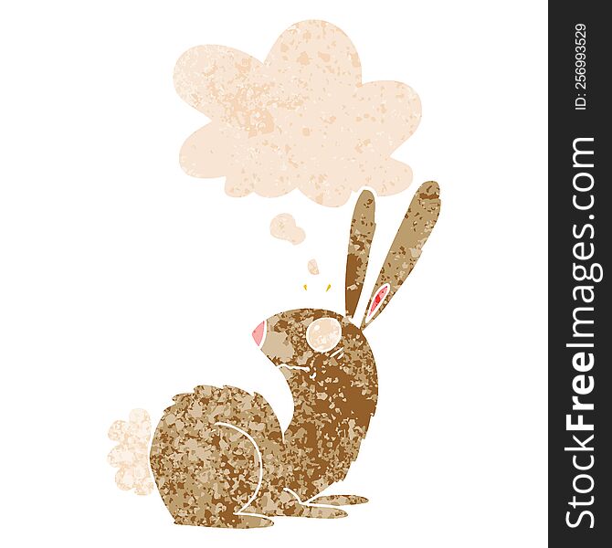 Cartoon Startled Bunny Rabbit And Thought Bubble In Retro Textured Style
