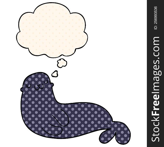 cute cartoon seal with thought bubble in comic book style