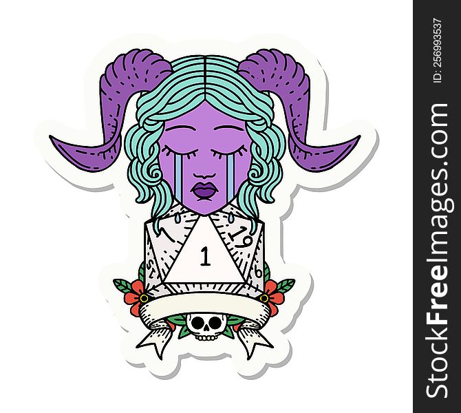 Crying Tiefling Face With Natural 1 D20 Dice Sticker