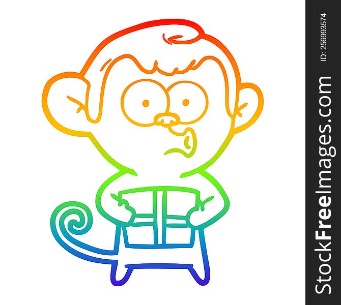 rainbow gradient line drawing of a cartoon christmas monkey