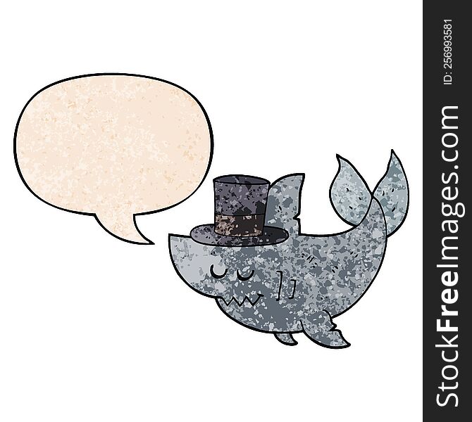 cartoon shark wearing top hat with speech bubble in retro texture style