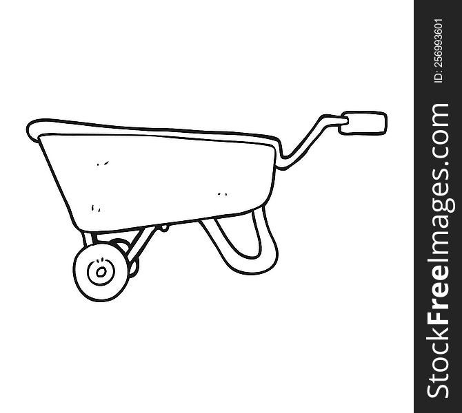 freehand drawn black and white cartoon wheelbarrow