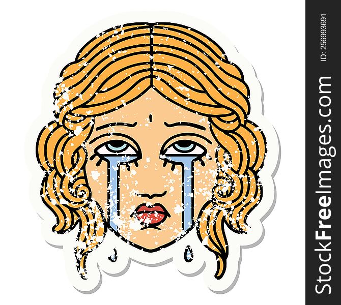 Traditional Distressed Sticker Tattoo Of Female Face Crying